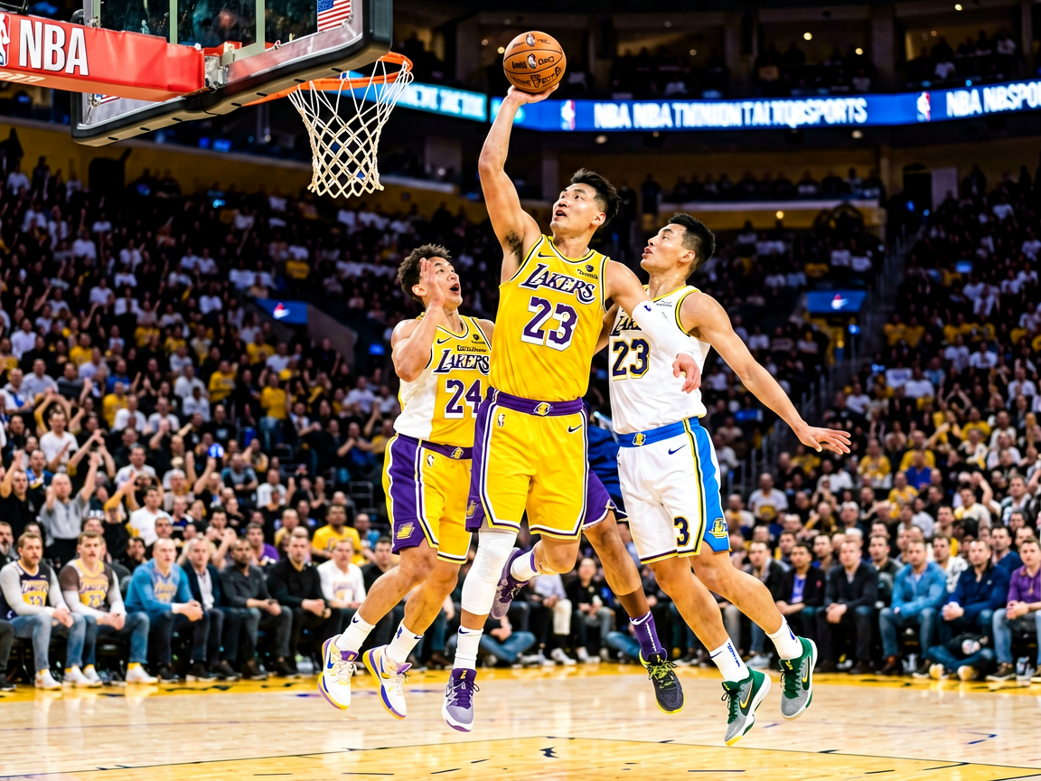 NBA湖人对阵勇士比赛现场，球员突破上篮精彩瞬间
